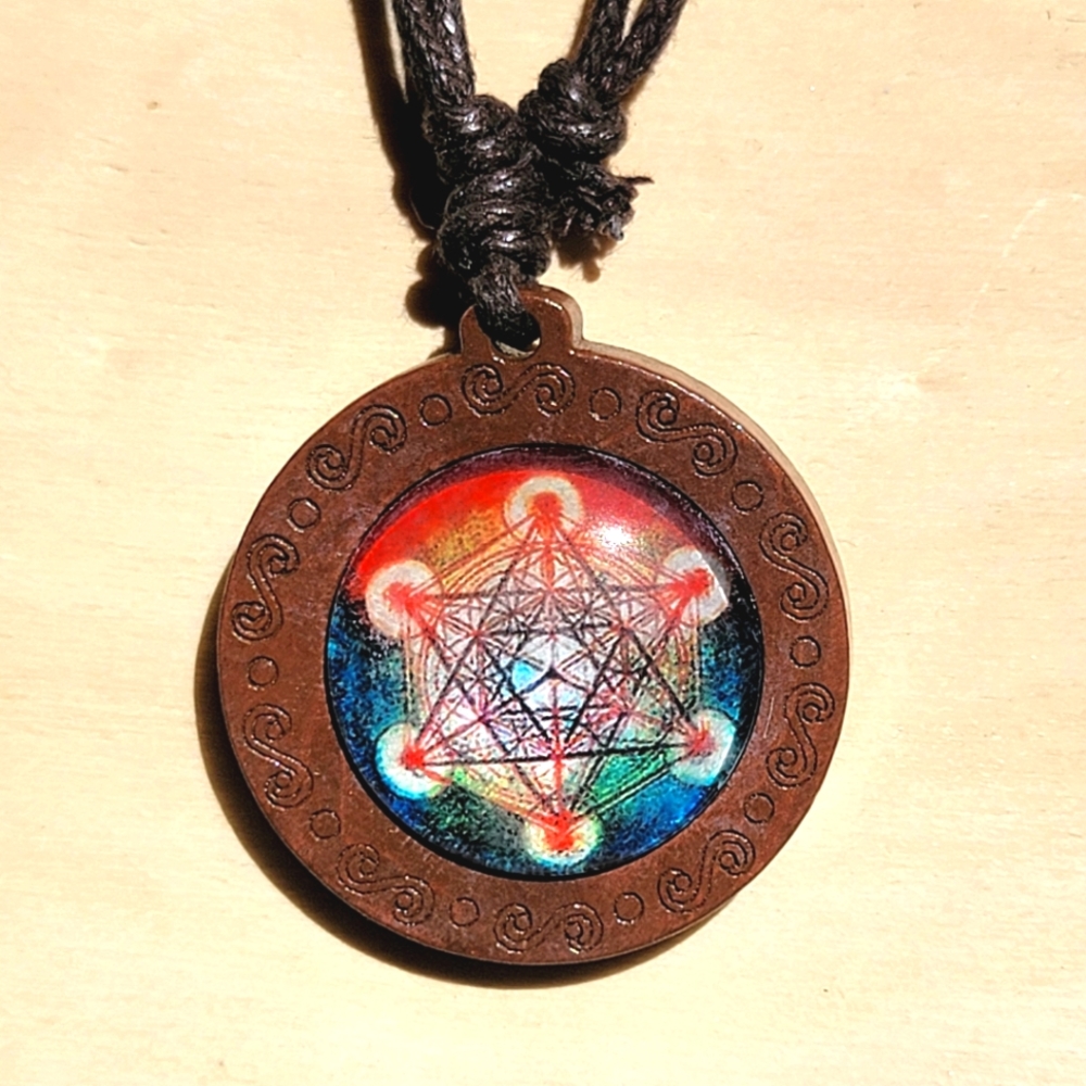 Flower of Life Metatron's Cube Wood Carved Holographic Pendant Unisex Necklace